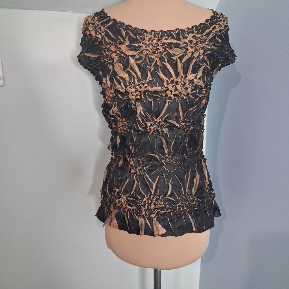 Vintage Popcorn Top Black Bronze Floral 3D Crinkle Stretch Blouse One Size Y2K